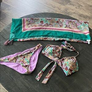 BECCA Teal and Lavender Paisley Bikini Set with Sarong